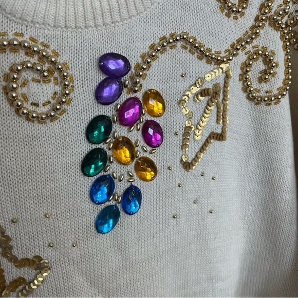Vintage Victoria‎ Harbour White Sweater Sz L Sequin Bead Embellished WINE GRAPES - Picture 2 of 7